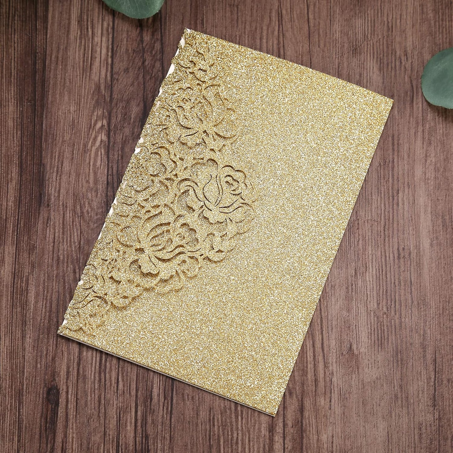DORIS HOME 50pcs Laser Cut Quinceanera Invitations Gold Glitter, 4.7x7.1 Blank Quince Invitations for 15th Birthday, Invitation cards for Sweet 16 with Envelopes