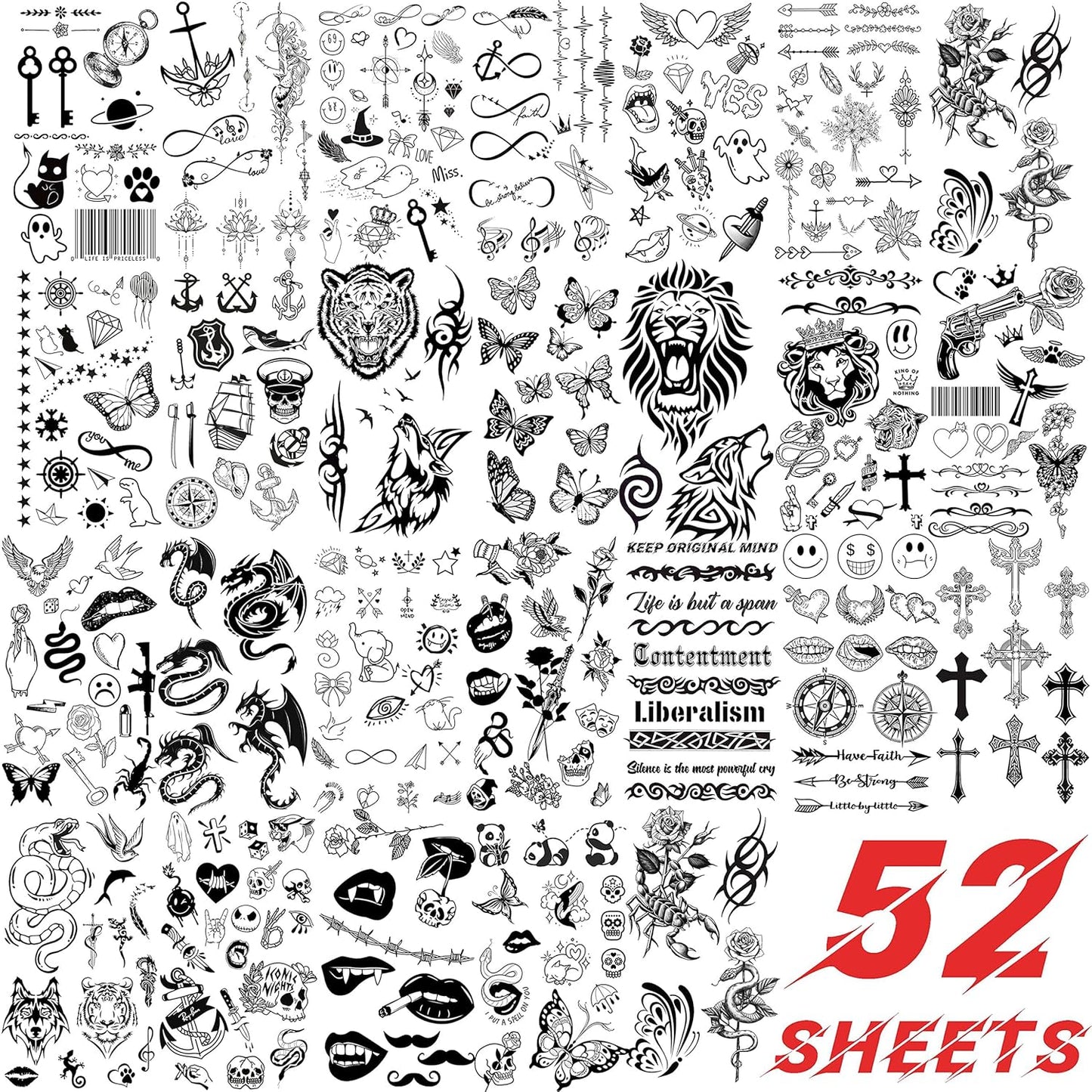 52 Sheets Tiny Small Temporary Tattoos For Kids Boys Girls, Tribal Animals Butterfly Anchor Compass Tattoo Stickers For Men Women, 3D Cute Flower Fake Face Tatoo Kits Sets For Neck Arm Hands