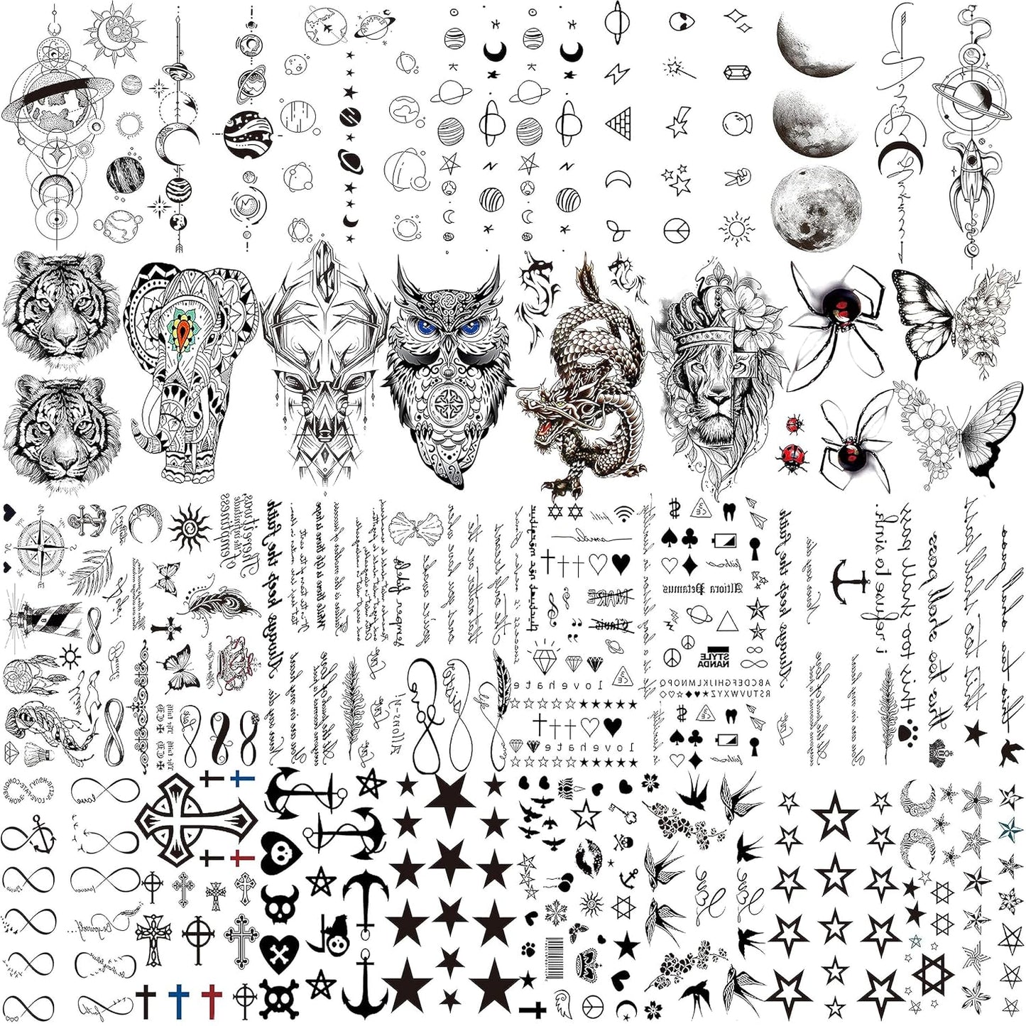 66 Sheets 430+ PCS Cute Temporary Tattoos For Women Men Adults, Watercolor Butterfly Flower Lavender Fake Tattoo Stickers Kids Boys Girls, Black Star Animals Space Temp Tattoos Dragon Wolf Lion