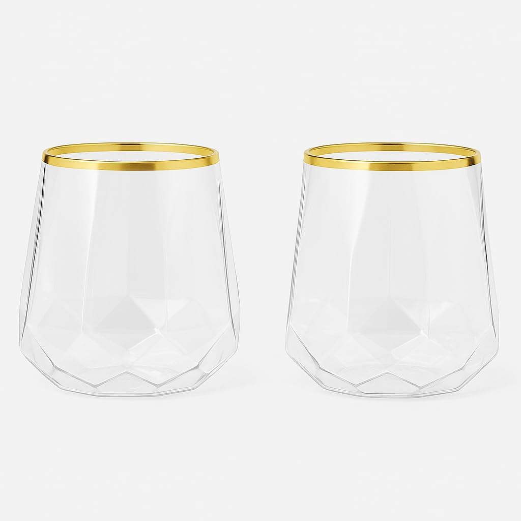 40 count Diamond Unbreakable Stemless Plastic Wine Champagne Whiskey Glasses Elegant Durable Disposable Indoor Outdoor Home office wedding bars 12 Ounce (Classic Old Fashioned Gold Rim)
