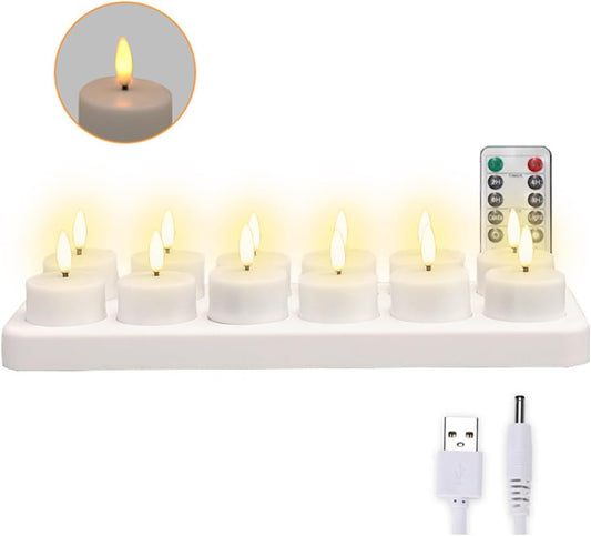 Rechargeable LED Tea Lights, Flickering Flameless Candles with Remote Timer, 12 PCS Electric Battery Operated Candles with Charging Base for Christmas Weddings Decorative (Black Wick)