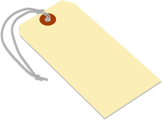 SmartSign Blank Manila Shipping Tags with Elastic Strings - Pack of 100, Size-6, 13pt Thick Pre-Strung Cardstock Tag, 5.25 x 2.625 inch, Paper Hang Tags with Reinforced Fiber Patch