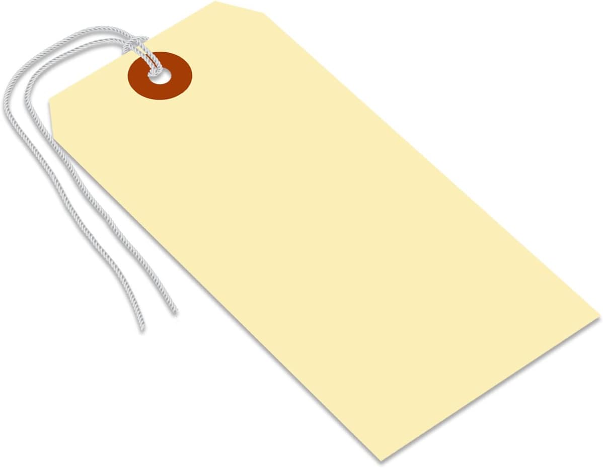 SmartSign Blank Shipping Tags with Pre-Attached Loop Strings, Size-6, Pack of 1000, 10pt Thick Manila Cardstock Tag, 5.25 x 2.625 inch Paper Hang Tags with Reinforced Fiber Patch
