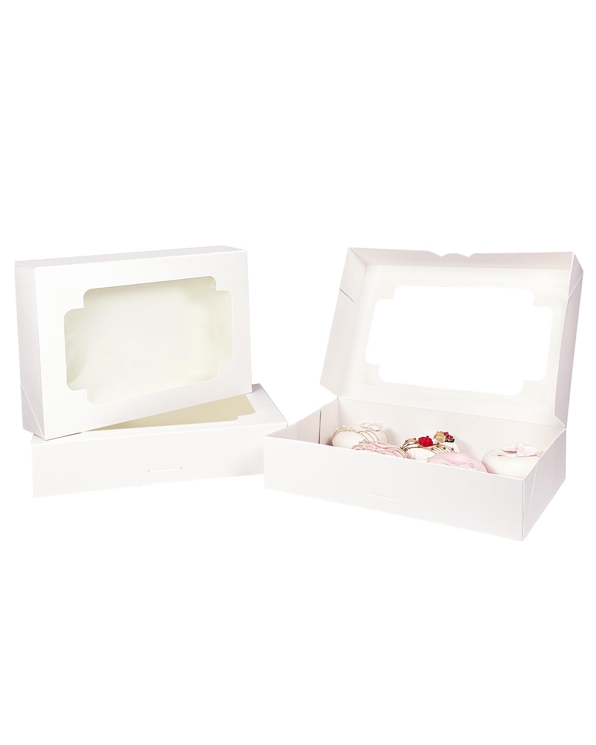 qiqee Auto-pop up White Cookie Box with Window 12x8x2.5 inch 32 Packs Two Uses One Second Folding Pastry Biscuit Bakery Box for Packaging