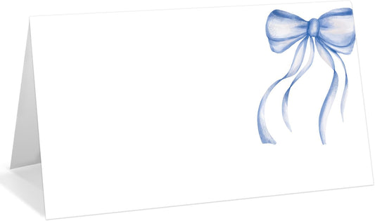 25 Pack Blue Bow Place Cards, Editable Name Cards for Table Setting, Watercolor Tent Cards Food Label for Dinner Party, Bridal Shower, Wedding, Baby Shower and Events -T32