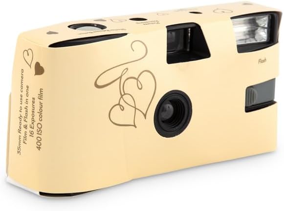 Weddingstar Disposable Camera with Flash - Single Use 35mm Film Camera for Wedding or Party Favors - Gold Enchanted Hearts