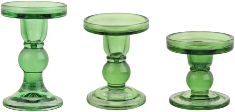 3-Piece Set of Green Glass Candlestick, Crystal Candlestick Holder Holder and Conical Candle, Christmas Candle Holder Decoration, Family Living Room Wedding Candle Holder (green1set)