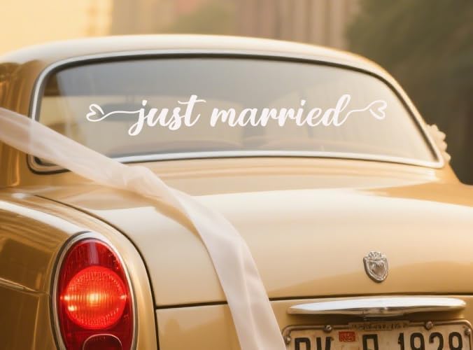 Just Married Vinyl Decal – White Wedding Car Sticker, 28 x 3.8 inch, Just Married Car Window Decal for Newlyweds, Waterproof Wedding Decoration for Rear Windshield or Bumper.