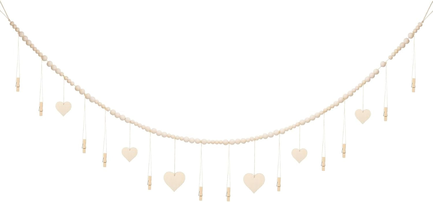 joycraft 5Ft Photo Banner with Clips, Photo Garland with Wooden Beads, Photo Clip String, Boho Photo Display for Bedroom, Office, Dorm, and Party Decor(11Pcs Clips + 6Pcs Wooden Heart Tags)