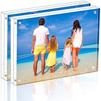 Meetu Acrylic Picture Frame 3.5 x 5 inch,2 Pack Clear Freestanding Double Sided 20mm Thickness Frameless Magnetic Photo Frames Desktop Display with Gift Box Package