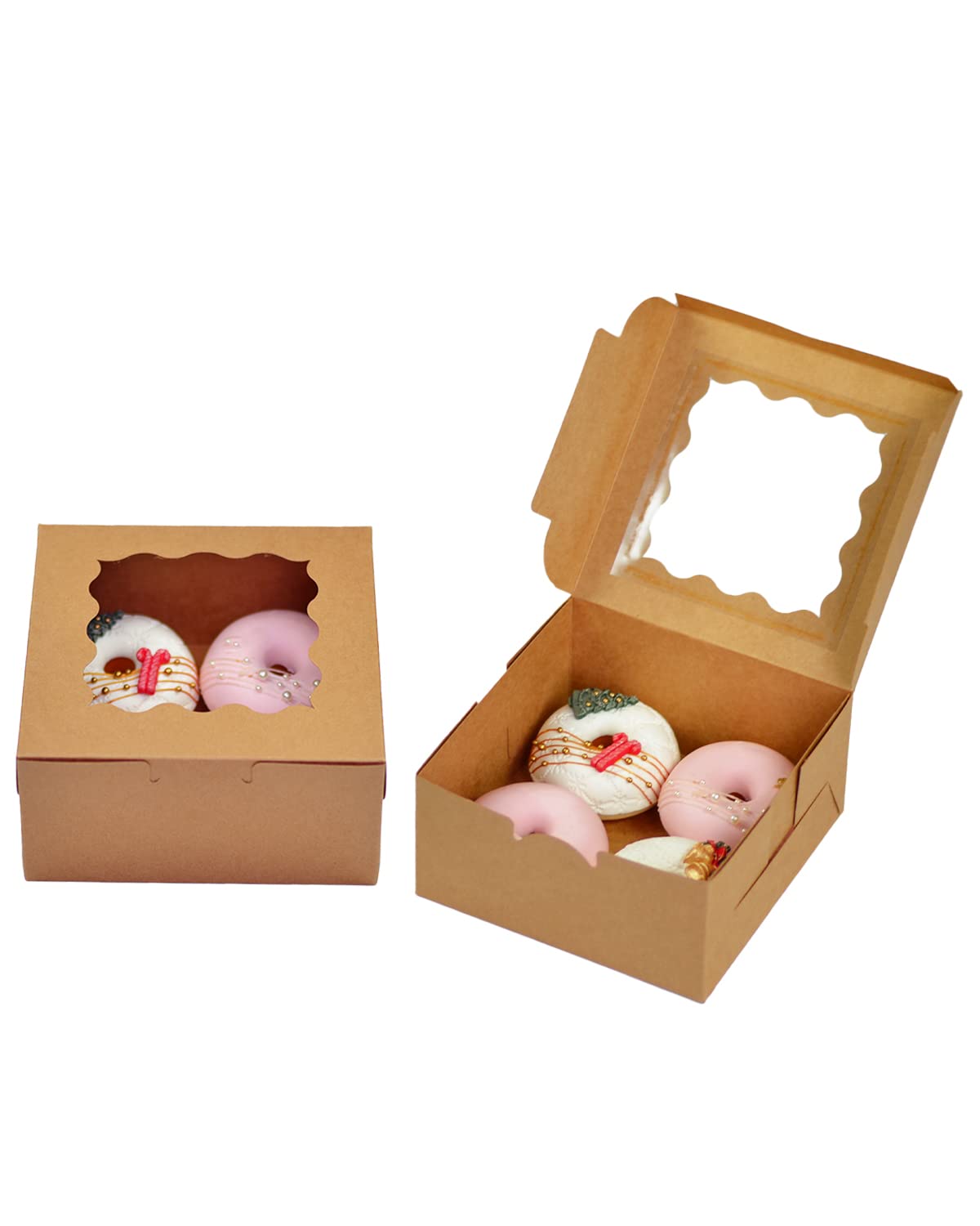 Bakepacker 100pcs Kraft Cookie Boxes 6x6x3 inches Easy Assemble Macaroon Pastry Boxes Bakery Boxes with Window for Bakery