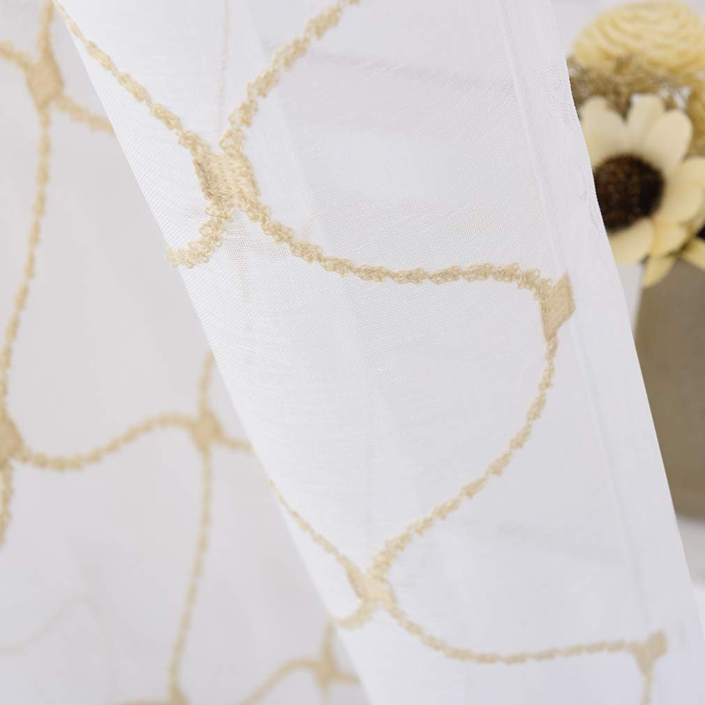 Embroidered Wave Diamond Sheer Curtains Gold 63 Inch Length, Rod Pocket Voile Drapes for Living room, Bedroom, Window Treatments Semi Curtain Panels for Yard, Patio, Villa, Parlor, Set of 2, 52"x 63".