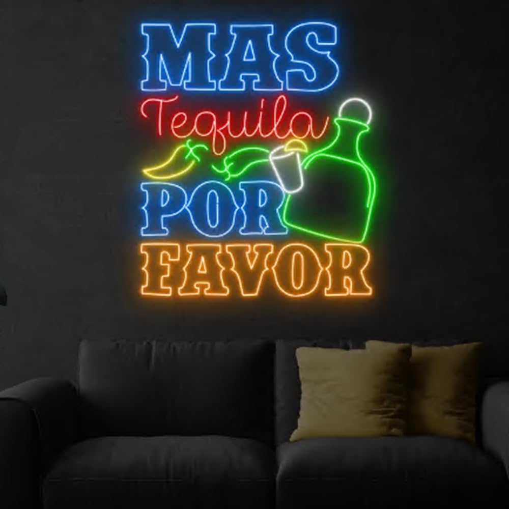 Mas Tequila Por Favor Neon Sign, 25" Mexican Cocktail Bar Light Up, Tequila Cocktail Led Light Signboard, Tequila Bar Pub Neon Light Decor