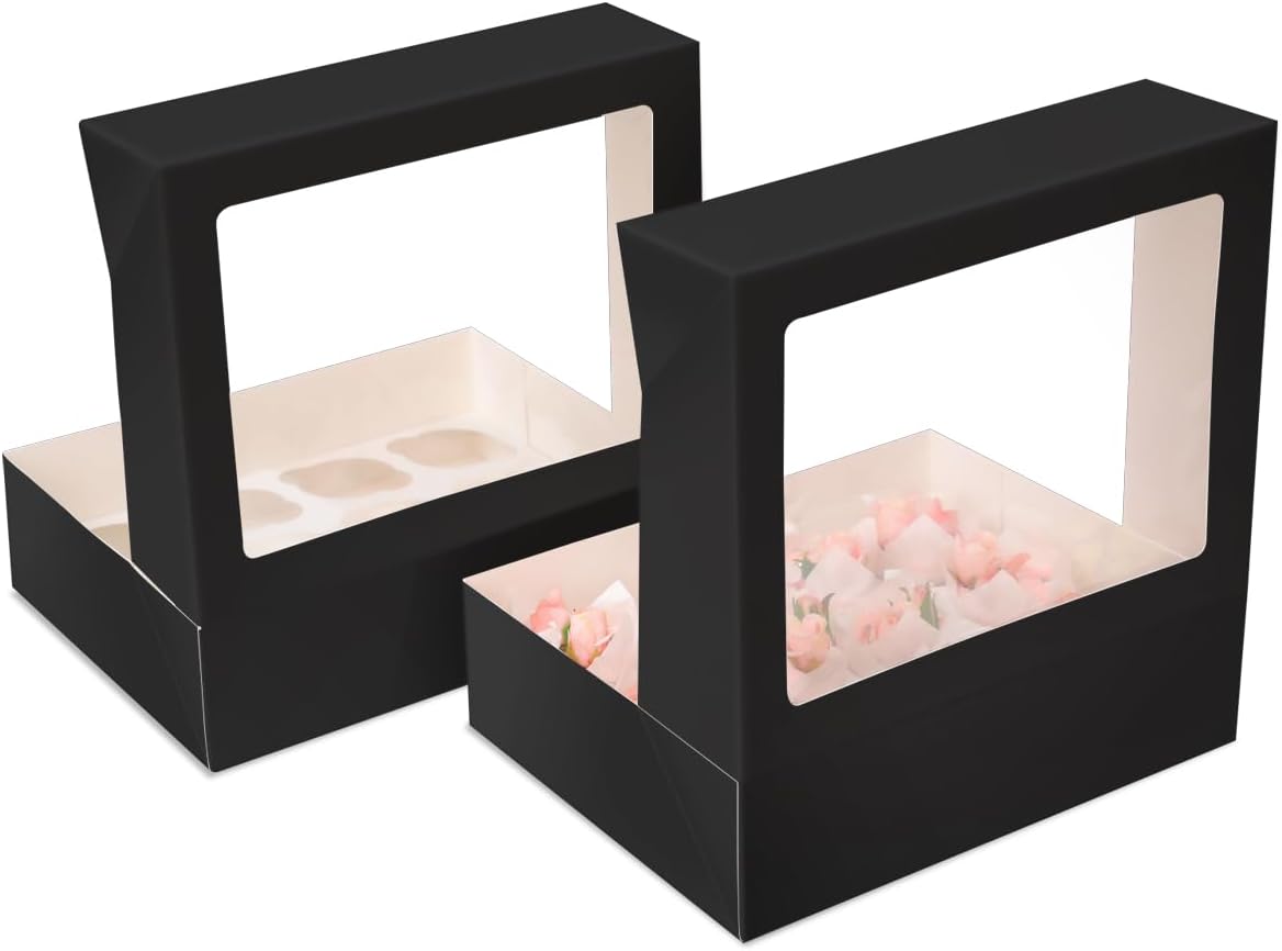 Bakepacker Auto-pop up 12 Cupcake Containers 6-Packs Black Cupcakes Carrier, 12 Cupcake Boxes with Window 13"x10"x3.5"