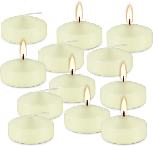 12 Pcs 2 - inch Floating Candles, Ivory, Smokeless and Unscented, Burns Continuously for 5-6 Hours, Be Good for Holidays, Weddings, Vacations, and Home Décor.