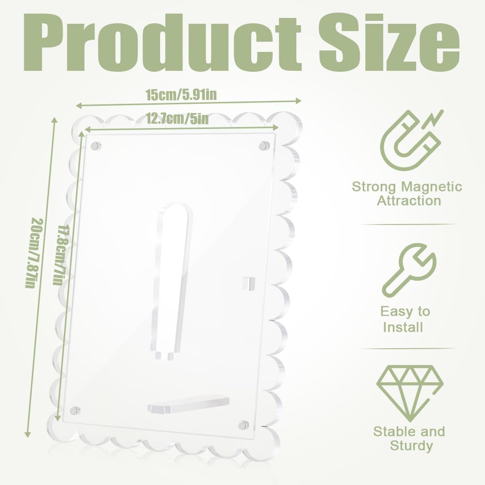 3 PCS 5x7 Inch Acrylic Picture Frames, Clear Scalloped Picture Frame with Removable Stand, Double Sided Transparent Magnetic Photo Frames for Home Office Refrigerator Tabletop Desktop Display