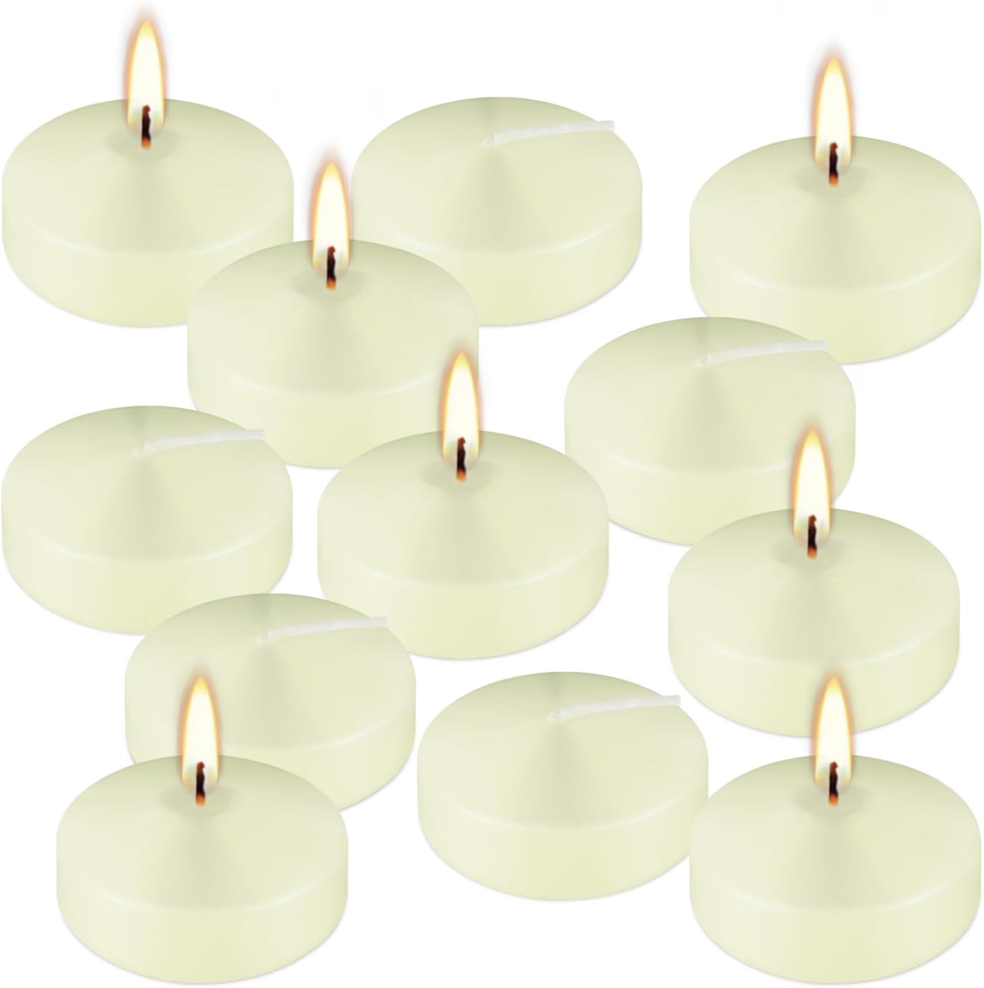 12 Pcs 2 - inch Floating Candles, Ivory, Smokeless and Unscented, Burns Continuously for 5-6 Hours, Be Good for Holidays, Weddings, Vacations, and Home Décor.