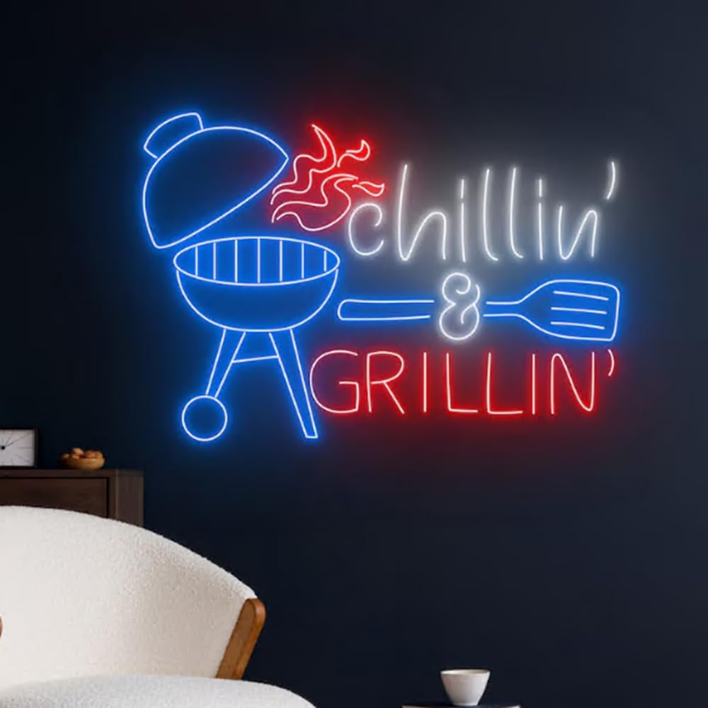 Chilling And Grilling Neon Light, BBQ Neon Sign, Barbecue Led Light, Grill Led Sign, Fire Meat Room Wall Decor, Restaurant Neon Light Size:23inch