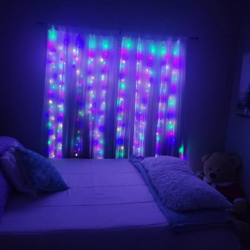 300LED Fairy Curtain Lights, 9.8x9.8Ft Warm White USB Plug in 8 Modes & Timer Christmas String Hanging Lights with Remote for Bedroom Indoor Outdoor Weddings Party Wall Decorations(Multicolor)