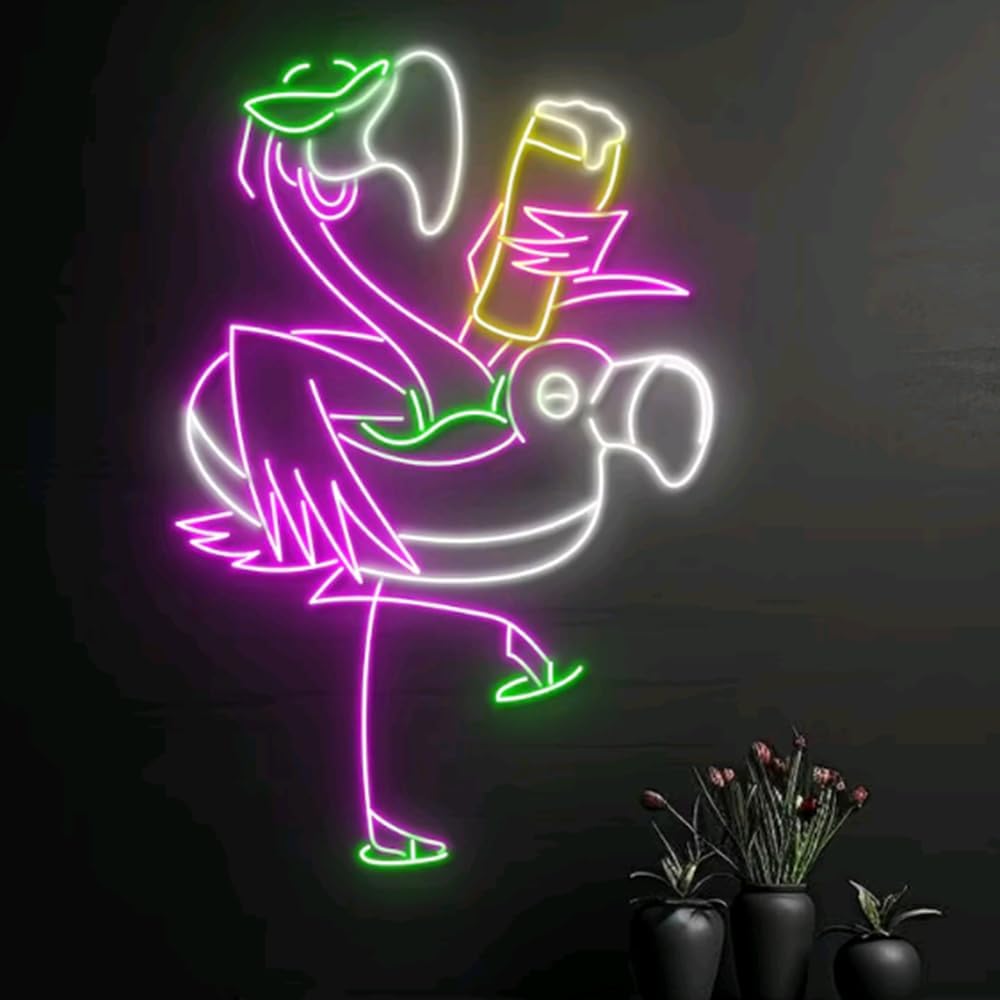 Custom Flamingo Drinking Beer Led Sign, Flamingo Chill Neon Light, Flamingo Pool Party Neon Sign,Flamingo Pool Toy Led Light Room Wall Decor Size:20inches