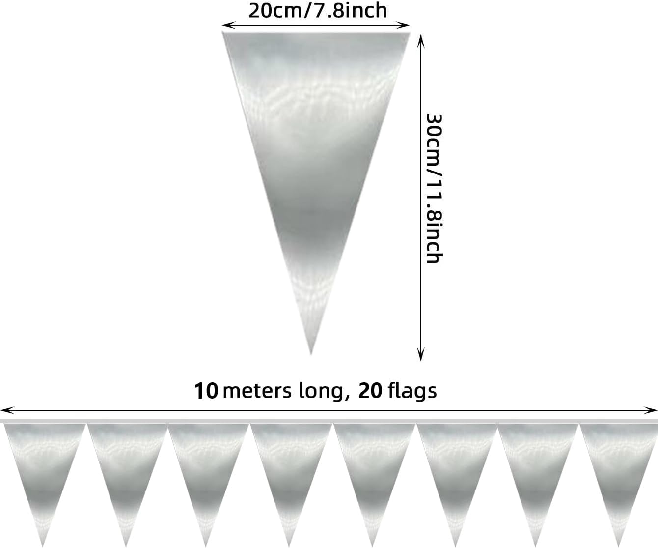 20M/65FT Silver Triangle Pennant Banner Flag Metallic Fabric Bunting Garland for Christmas Graduation Wedding Engagement Anniversary Bachelorette Birthday Bridal Shower Valentines Hen Party Supplies