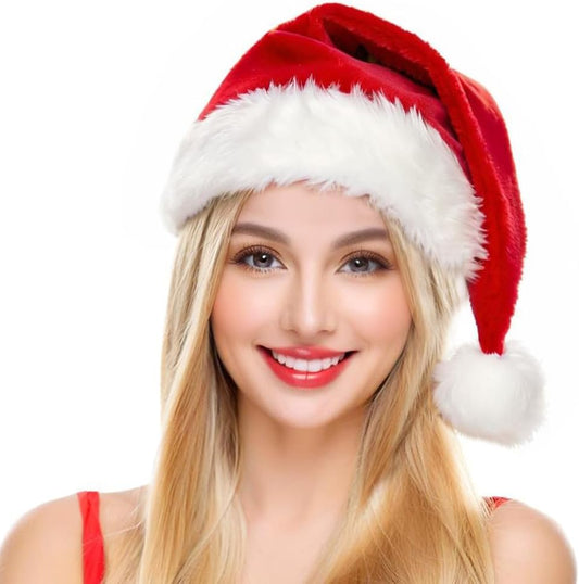 Santa Hat for Adults Christmas Hat Red Velvet Double-Layer Thickening Unisex Holiday Xmas Hats for New Year Festive Party