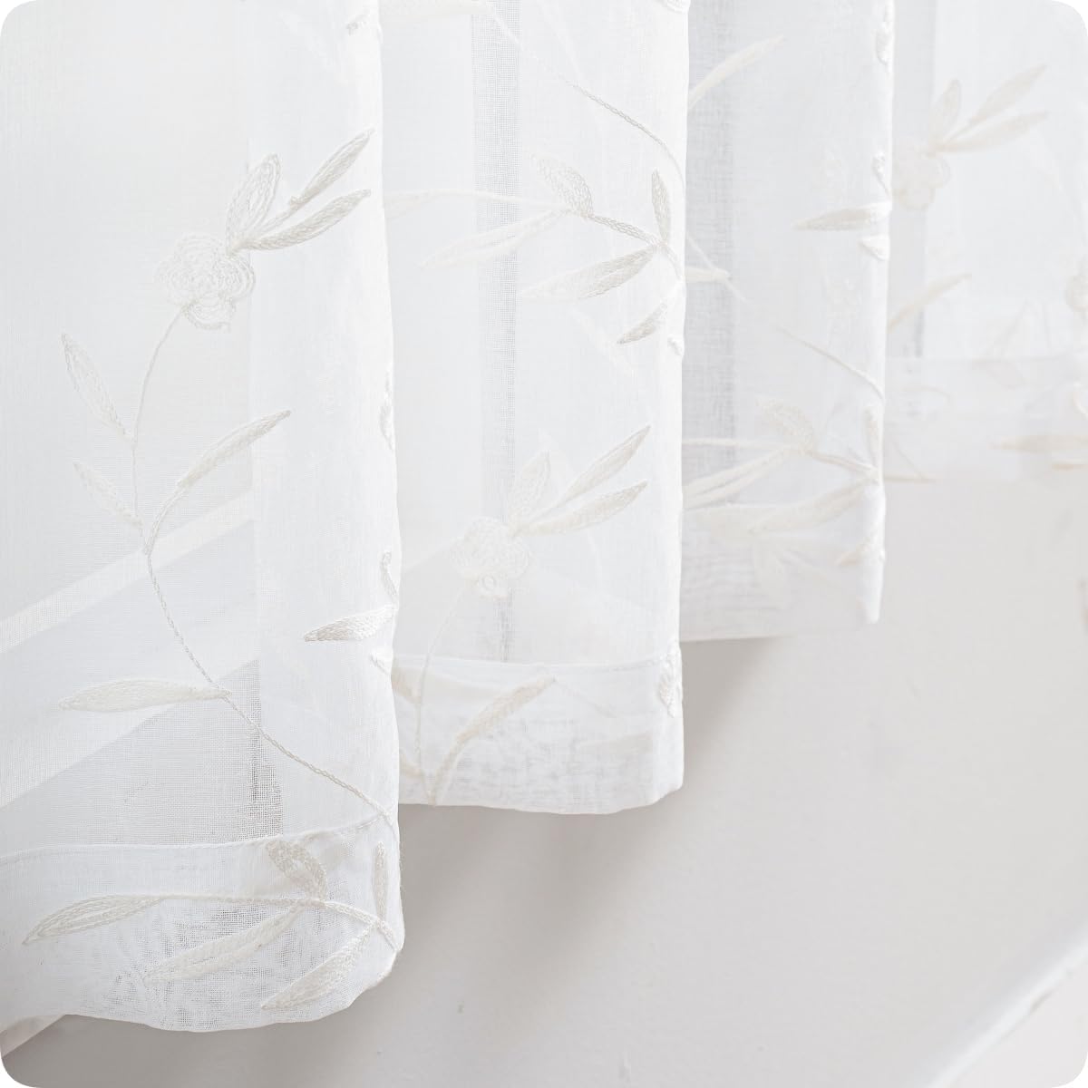 Sheer Curtains White 54 Inches Long Floral Embroidery Rod Pocket Voile Drapes for Living room, Bedroom, Window Treatments Semi Lace Outdoor Curtain Panels for Patio, Lawn, Garden, Set of 2, 52"x 54".