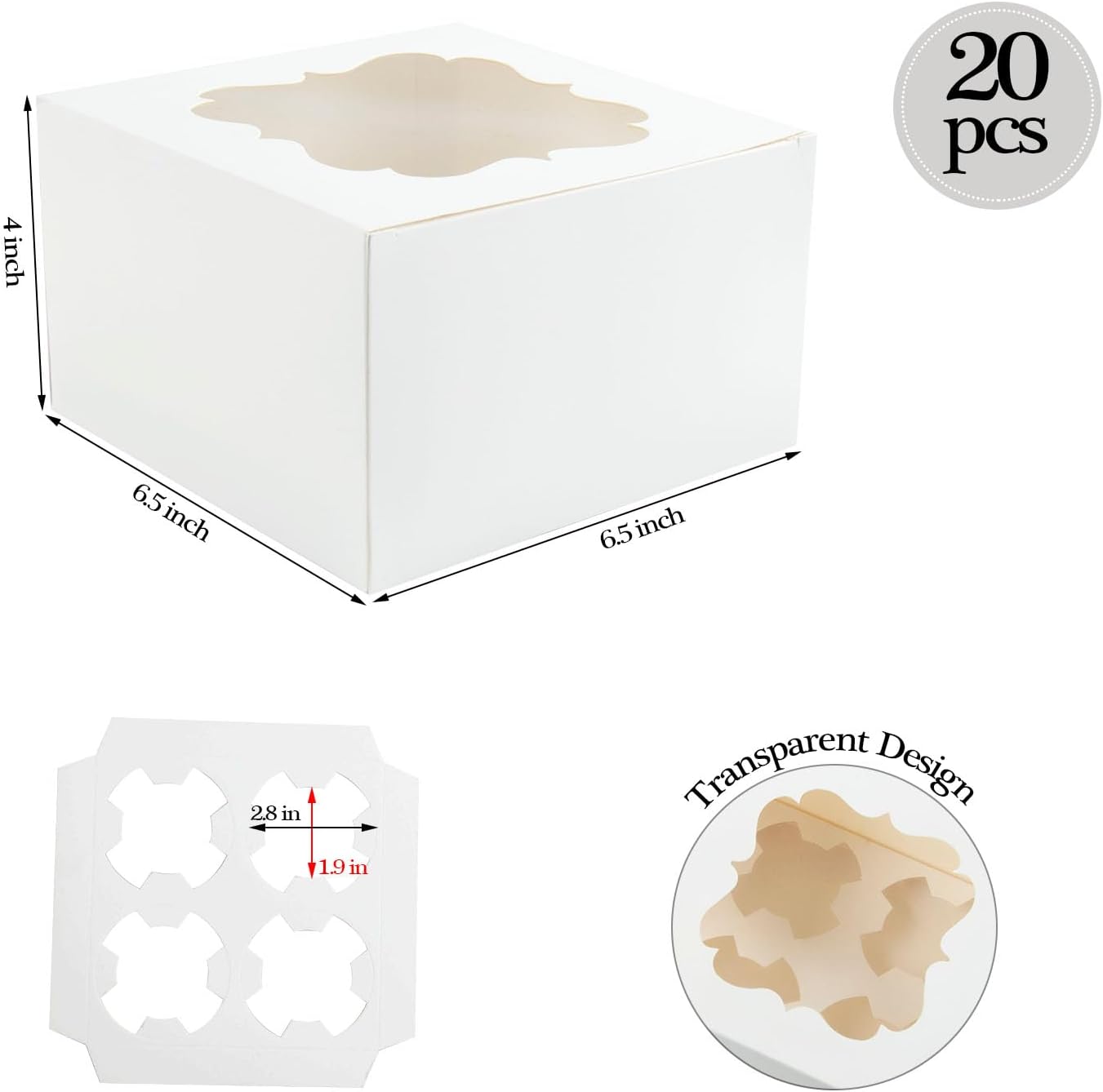 20 PCS 6.5 x 6.5 x 4 inch Paper, Cupcake Boxes with Inserts and Window Hold 4 Cupcakes, Bakery Boxes For Cupcakes Carrier, Cupcake Containers (White-4 Holes)