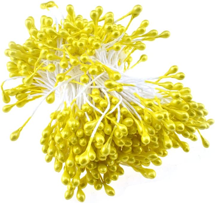 HAHIYO 700Pcs 3mm Yellow Gold Pearl Double Head Flower Pistil Hand-Made Artificial Pistil para Flore Pearlized Floral Stamen Pollen for Flower Making Scrapbook Decoration