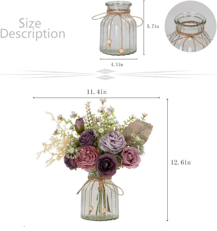 LESING Fake Artificial Flowers with Vase Faux Silk Flower Bouquet in Glass Vase Rose Floral Arrangements Flower for Home Office Decoration, Dining Table Centerpiece (Purple)
