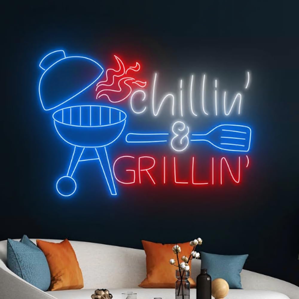 Chilling And Grilling Neon Light, BBQ Neon Sign, Barbecue Led Light, Grill Led Sign, Fire Meat Room Wall Decor, Restaurant Neon Light Size:23inch