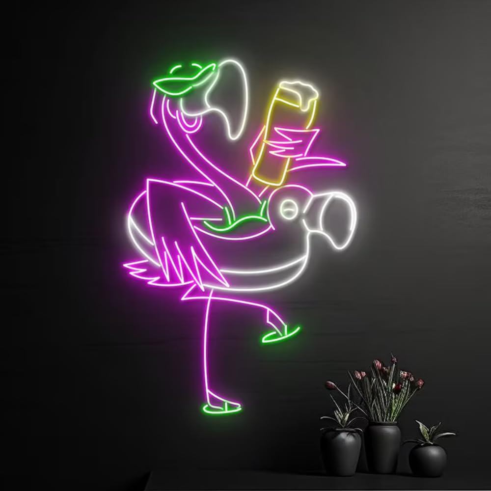 Custom Flamingo Drinking Beer Led Sign, Flamingo Chill Neon Light, Flamingo Pool Party Neon Sign,Flamingo Pool Toy Led Light Room Wall Decor Size:20inches