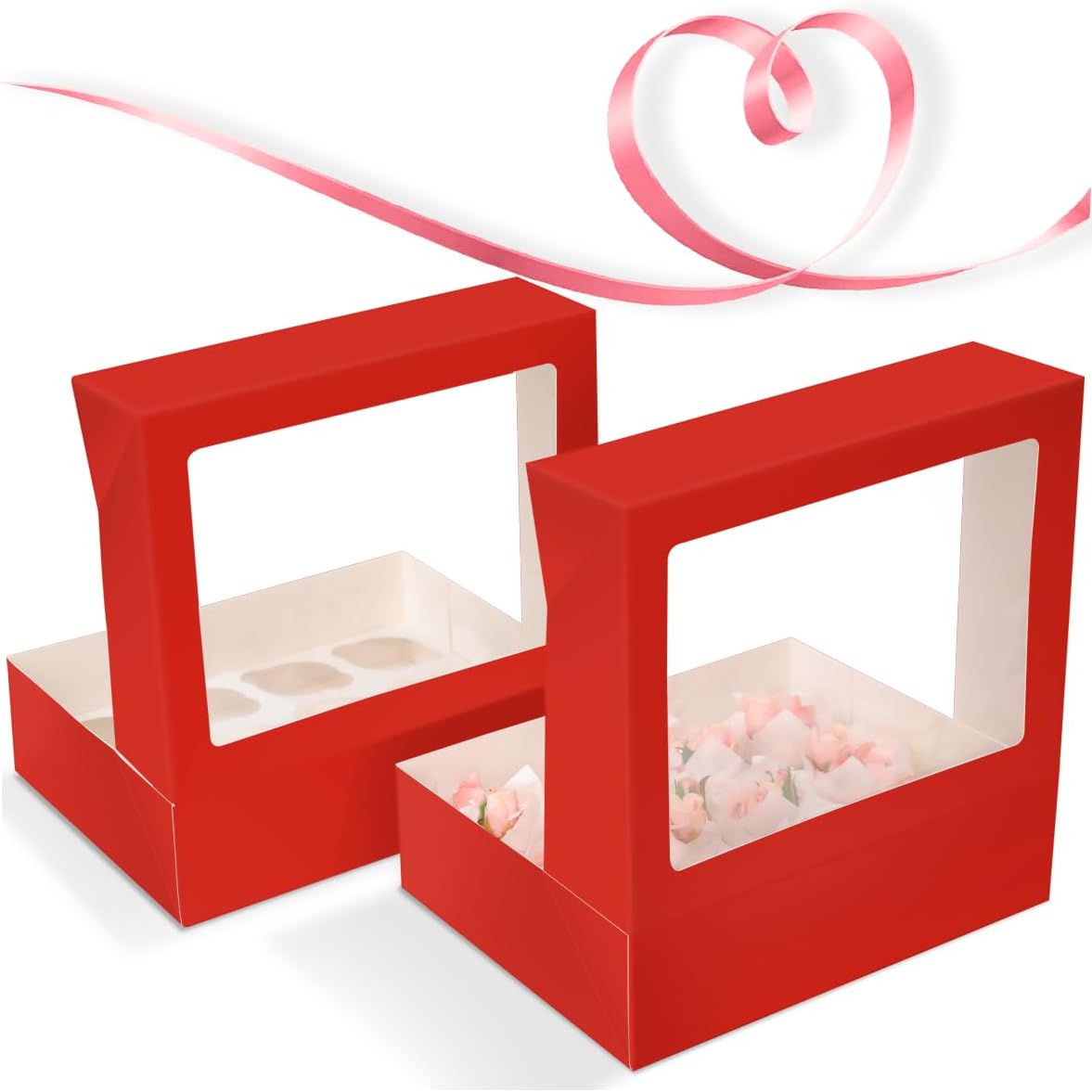 Bakepacker 12 Cupcake Containers 10-Packs Red Cupcake Box Cupcakes Carrier, 12 Cupcake Boxes with Window 13"x10"x3.5"（Auto-pop up）