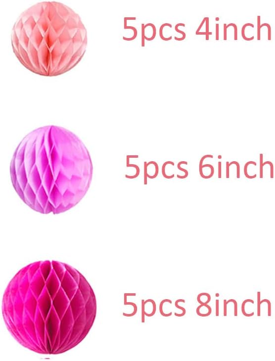15pcs Honeycomb Decorations - 4'' 6'' 8'' Party Tissue Pink Honeycomb Flower Ball Hanging Flower Balls for Baby Shower Birthday Wedding Nursery Decor (4'' 6'' 8'' Pink Kit)