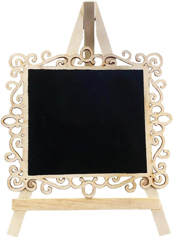 Chalkboard Signs Easel - Square Shape with Wood Framed Swirly Design, Includes 1 Chalk Stick, Size: 10" x 7" Wooden Blackboard, Perfect for Special Occasions and Events Decoration