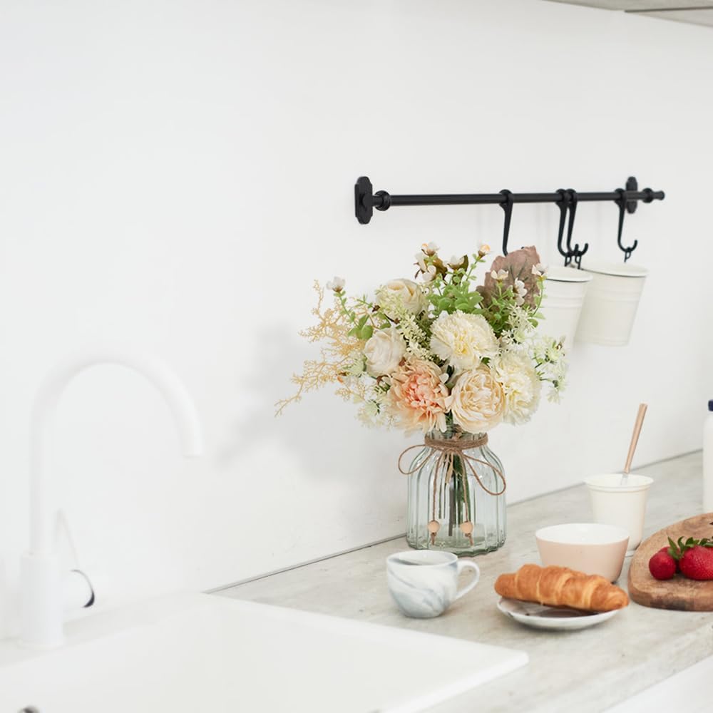 LESING Fake Artificial Flowers with Vase Faux Silk Flower Bouquet in Glass Vase Rose Floral Arrangements Flower for Home Office Decoration, Dining Table Centerpiece (White)