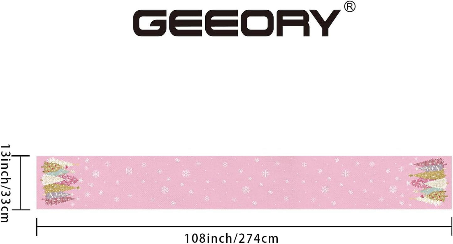 GEEORY Christmas Table Runner 13x108 Inch, Xmas Trees Snowflakes Holiday Decorative Farmhouse Table Decoration for Kitchen Dinning, Indoor Outdoor Dinner Party Decor (Pink) GT153-108