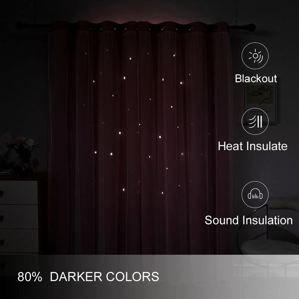 FANLI 2 Panels Star Blackout Curtains for Kid Girls Bedroom Living Room Darking Stripe Double Layer Star Cut Out Wall Home Decor Gradient Grommet Window Curtains (Pink 95L)
