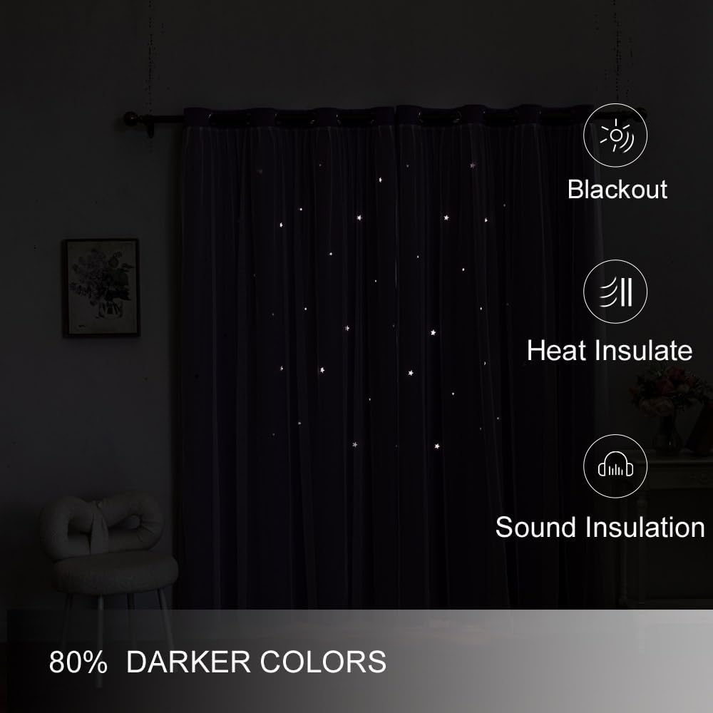 Ombre Rainbow Blackout Curtains for Kid Girls Bedroom Living Room Darking Stripe Double Layer Star Cut Out Wall Home Decor Gradient Grommet Window Curtains (Purple 95L)