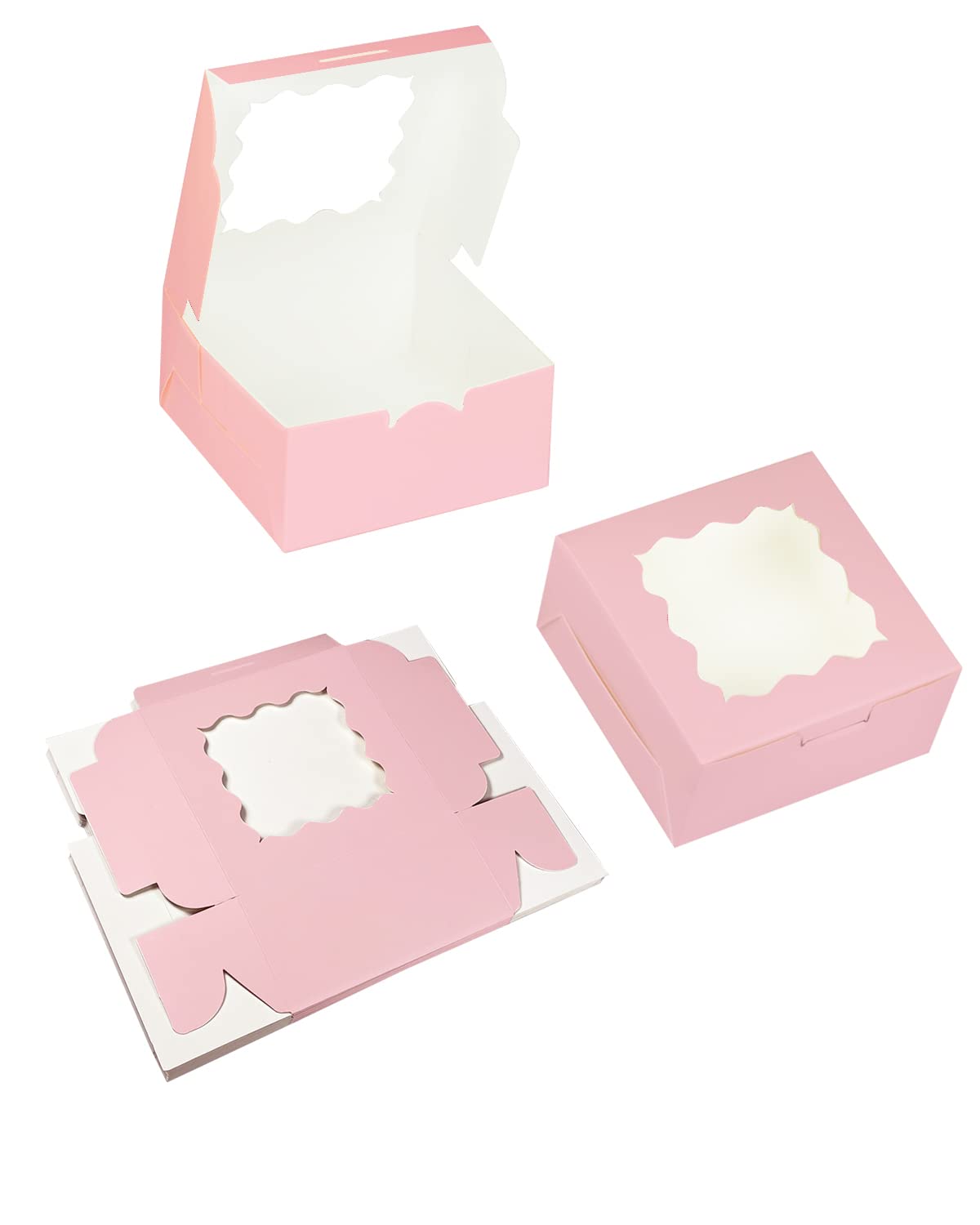 Bakepacker 100pcs Pink Cookie Boxes 6x6x3 inches Easy Assemble Macaroon Pastry Boxes Bakery Boxes with Window for Bakery
