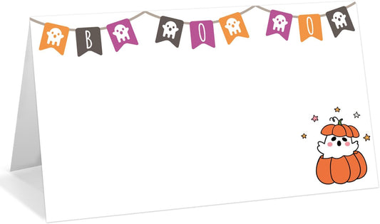 25 Pack Halloween Place Cards, Editable Name Cards for Table Setting, Boo Ghost Tent Cards Food Label for Dinner Party, Bridal Shower, Wedding, Baby Shower and Events -T38