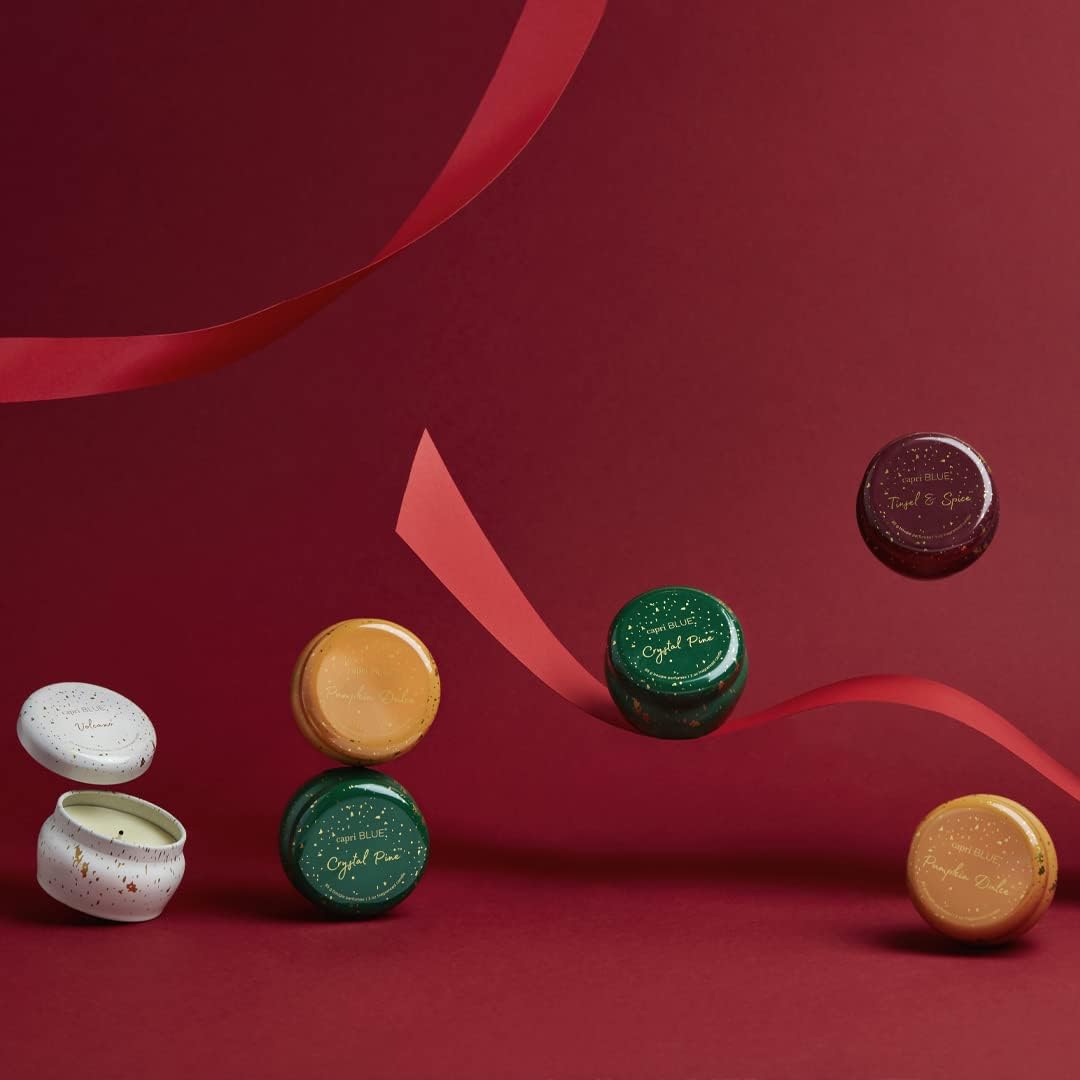 Capri Blue Glimmer Mini Tin - Volcano Scented Candle with Mini Tin Candle Holder - Soy Wax Blend - White and Gold (3 oz)