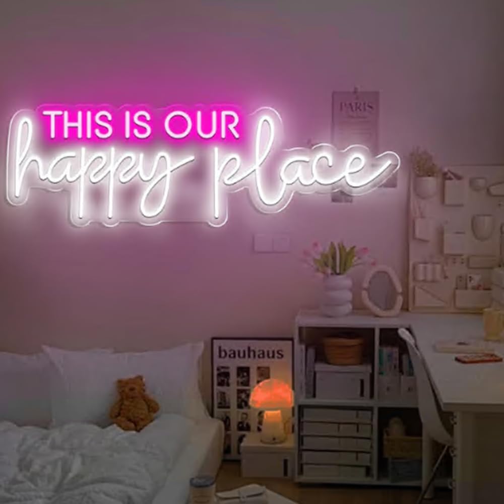 This is our Happy Place Neon Sign, Our Happy Place Neon Light, Personalized Wedding Sign for Home Decor, Personalized Gift For Kid Size:24inches