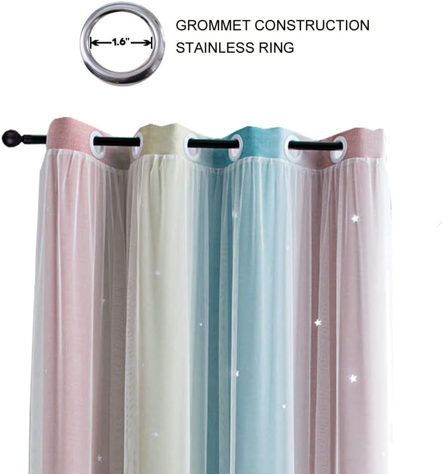 FANLI Ombre Rainbow Blackout Curtains for Kid Girls Bedroom Living Room Darking Stripe Double Layer Star Cut Out Wall Home Decor Gradient Grommet Window Curtains (Pink/Blue, 52W x 72L)