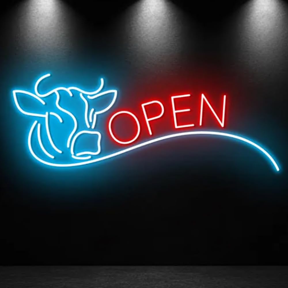 Cow Butcher Shop Neon Sign, Butcher Shop LED Light, BBQ Restaurant Wall Sign, Custom Butcher Storefront Decor Size:20in