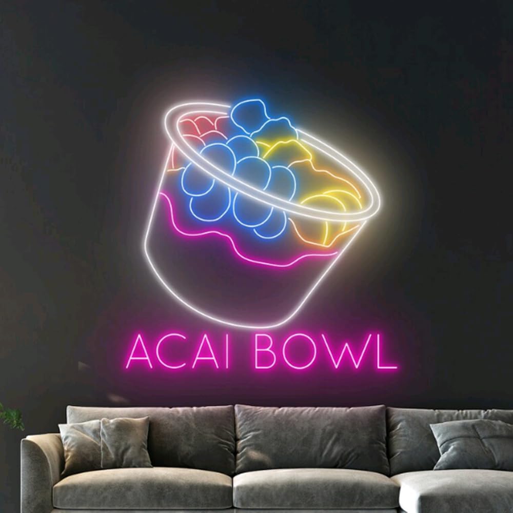 Acai Bowl Neon Sign, Acai Bowl LED Light, Acai Bowl Fruit Neon Light, Open Led Sign, Cafe Room Wall Decor, Club Neon Light, Drink Led Sign Size:18inches