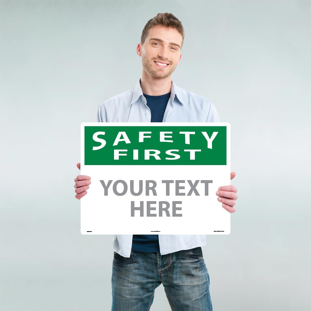 Custom OSHA Style Safety First Sign 18" x 24" Plastic Sign, Customizable "Your Text Here", by AccuformNMC Made in USA