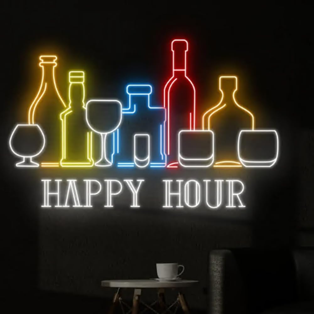 Happy Hour Wine Beer Neon Sign, Wine Bar Beer Pub Neon Sign, Custom Neon Sign, Alcohol Bar Open Night Light Decor, Drinking Lover Gifts Size:25inch