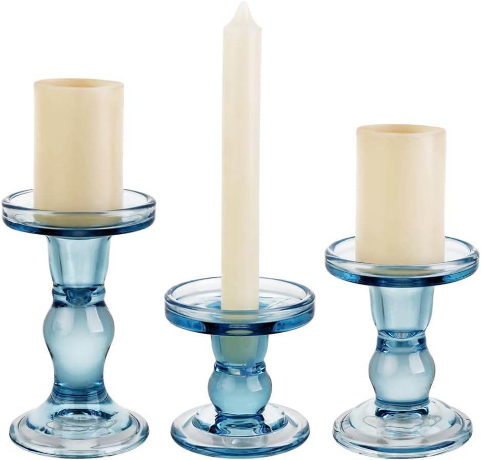 3-Piece Set of Blue Glass Candlestick, Crystal Candlestick Holder Holder and Conical Candle, Christmas Candle Holder Decoration, Family Living Room Wedding Candle Holder (Blue)