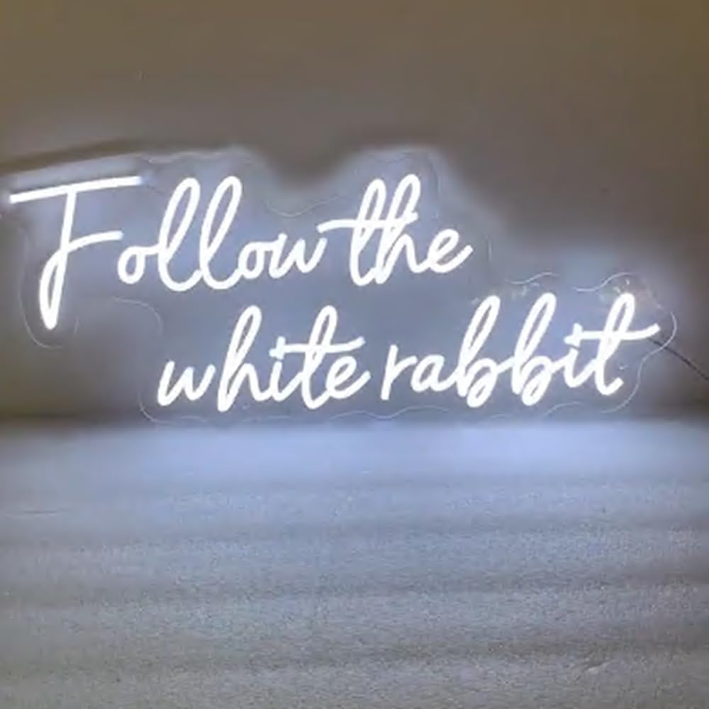 Follow the White Rabbit Custom Neon Sign Bedroom Led Light Home Decor, Wall Room Party Decorations Size:H9 xW24inches